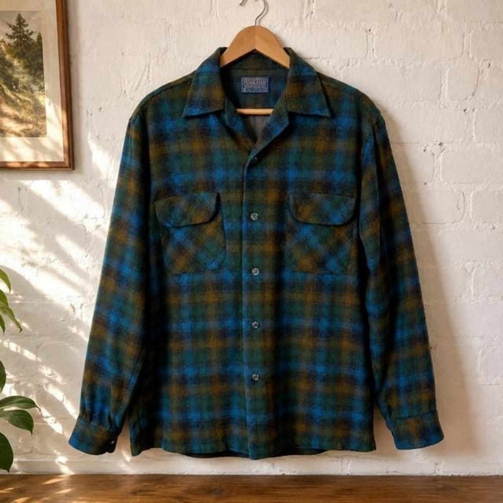 Vintage 1960s Pendleton Board Shirt Men's L Blue Brown Plaid Wool USA